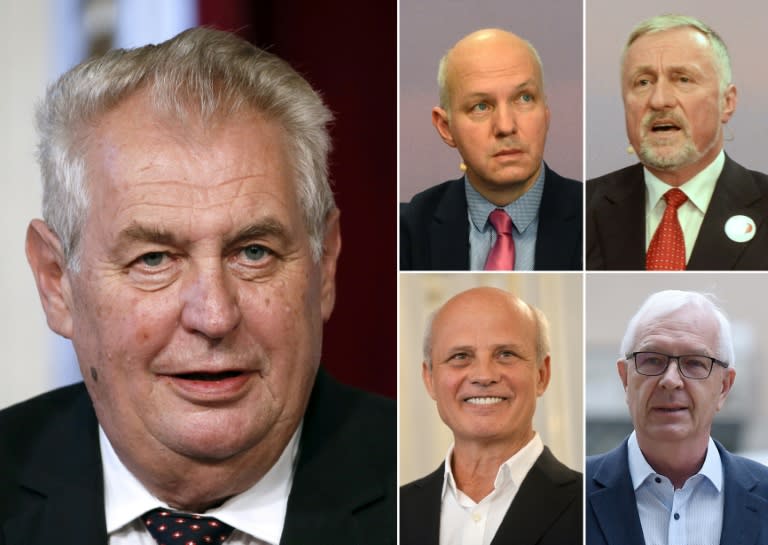 Czech President Milos Zeman, who is stridently anti-Muslim, is facing four other contenders for the presidency (clockwise from top left): Pavel Fischer, Mirek Topolanek, Jiri Drahos and Michal Horacek