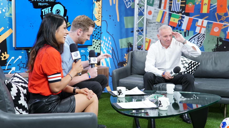 Peter Reid joined Toby Tarrant and Reshmin Chowdury on The 32 sofa. (Yahoo)