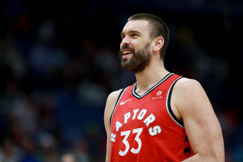 Marc Gasol could be in line to receive the bulk of the center work in Toronto with Ibaka undoubtedly getting a suspension. (Photo by Sean Gardner/Getty Images)