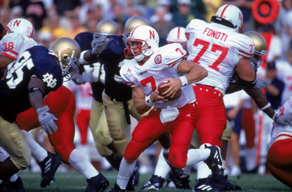 9 Sep 2000: Quarterback Eric Crouch #7 of the Nebraska Cornhuskers defends the ball during the game against the Notre Dame Fighting Irish at the Notre Dame Stadium in South Bend, Indiana. The Cornhuskers defeated the Fighting Irish 27-24Mandatory Credit: Jonathan Daniel /Allsport