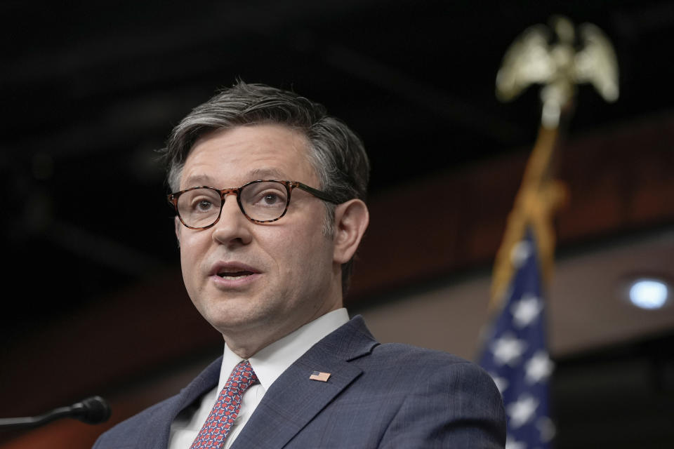 Speaker of the House Mike Johnson, R-La., speaks during a news conference on Capitol Hill Wednesday, April 10, 2024, in Washington. (AP Photo/Mariam Zuhaib)