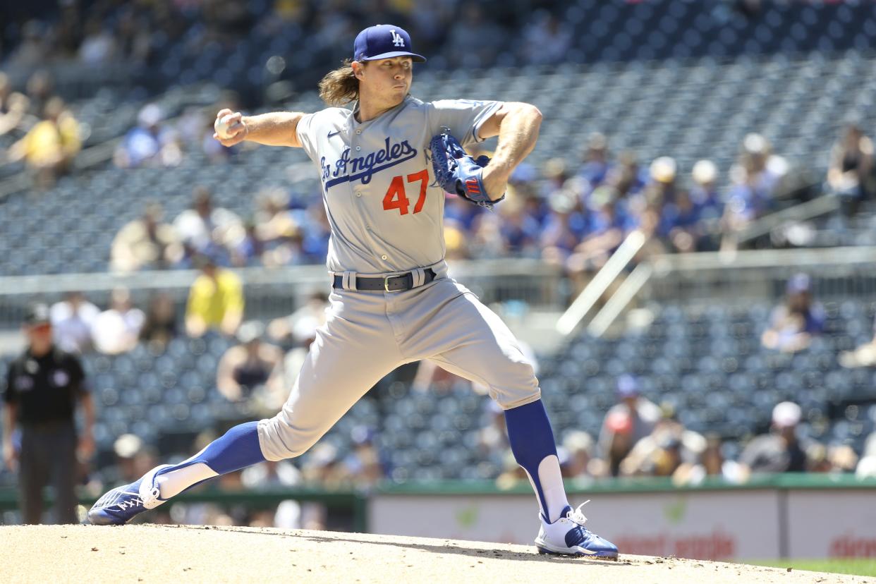 Los Angeles Dodgers starting pitcher Ryan Pepiot (47) delivers a pitch against the Pittsburgh Pirates during the first inning in his major league debut at PNC Park.