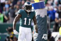 Philadelphia Eagles' A.J. Brown reacts after scoring a touchdown during the first half of an NFL football game against the Tennessee Titans, Sunday, Dec. 4, 2022, in Philadelphia. (AP Photo/Matt Rourke)