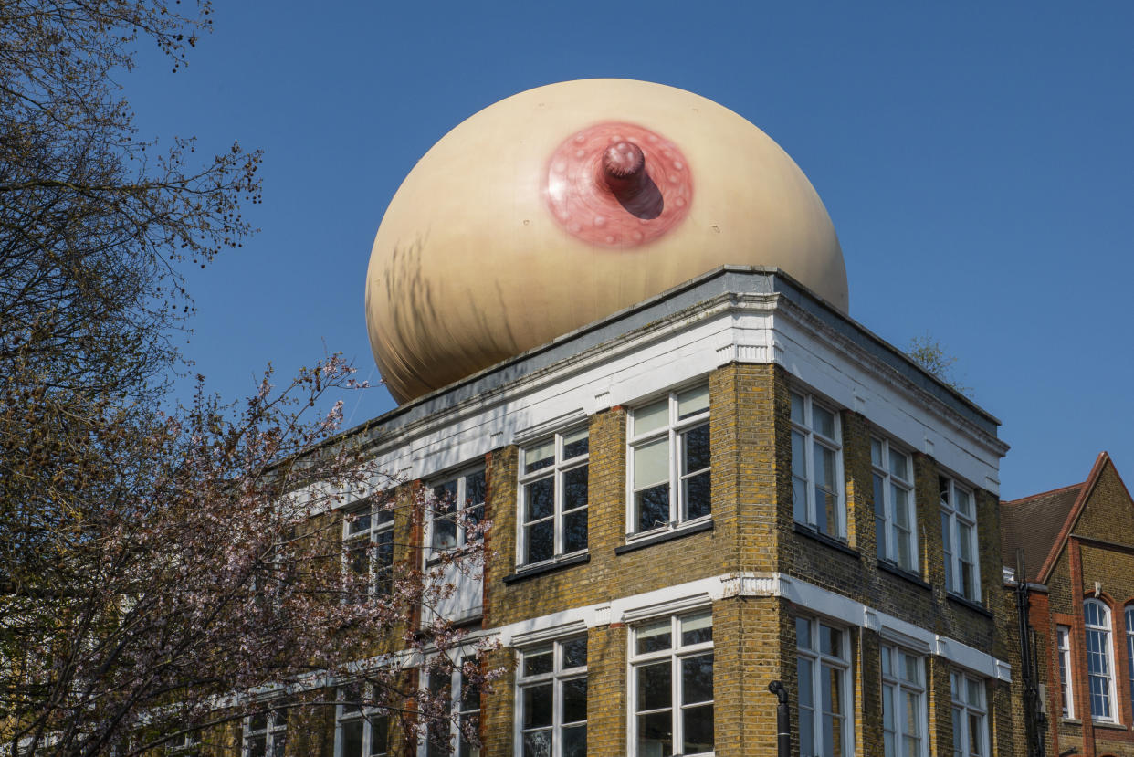 The giant, inflatable "bοοb balloons" were designed in a variety of shapes and skin tones to be inclusive of all breastfeeding moms. (Credit: Mother London/Elvie)