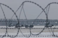 Patriot missile launchers acquired from the U.S. last year are seen deployed in Warsaw, Poland, Monday, Feb. 6, 2023. (AP Photo/Michal Dyjuk)