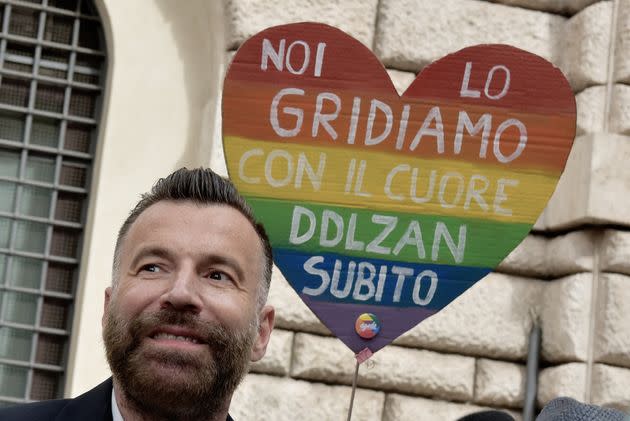 ROME, ITALY - JULY 13:  Deputy Alessandro Zan participates at the demonstration near the Senate to support Zan Law against homotransphobia, misogyny and ableism, on July 13, 2021 in Rome, Italy. The debate on the Law against homotransphobia, named after Alessandro Zan, its promoter, begins today in the Senate. Collectives and associations of the LGBTQ+ community are calling for the law to be passed without compromises and discounts. (Photo by Simona Granati - Corbis/Corbis via Getty Images) (Photo: Simona Granati - Corbis via Getty Images)