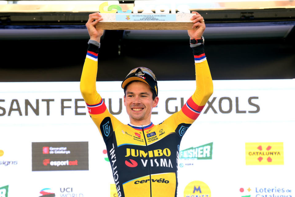 SANT FELIU DE GUIXOLS SPAIN  MARCH 20 Primoz Roglic of Slovenia and Team JumboVisma celebrates at podium as stage winner during the 102nd Volta Ciclista a Catalunya 2023 Stage 1 a 1646km stage from Sant Feliu de Guxols to Sant Feliu de Guxols  VoltaCatalunya102  on March 20 2023 in Sant Feliu de Guixols Spain Photo by David RamosGetty Images