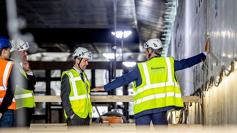 Denmark's King Frederik X, centre, visits the Fehmarnbelt tunnel construction site and inaugurates the first tunnel element, Lolland, Denmark, 17 June 2024.