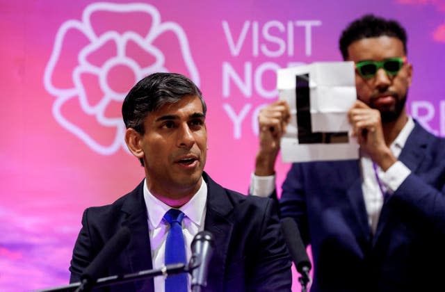 Prime Minister Rishi Sunak gives a speech at Northallerton Leisure Centre 