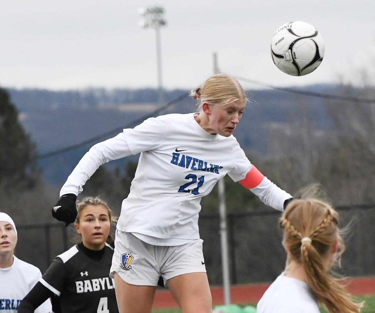 Keegan Smith of Haverling heads the ball in the first half of the Rams 1-0 win over Babylon in the NYSPHSAA Class B final at Cortland High School.