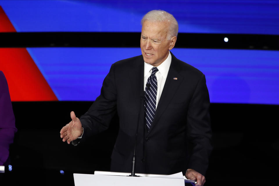 Democratic presidential candidate former Vice President Joe Biden speaks Tuesday, Jan. 14, 2020, during a Democratic presidential primary debate hosted by CNN and the Des Moines Register in Des Moines, Iowa. (AP Photo/Patrick Semansky)