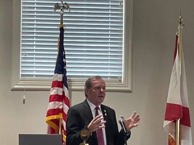Collier County Sheriff Kevin Rambosk addresses first responders on Thursday, Jan. 11, 2024, after he received an award for his heroic acts during an event sponsored by the Collier County Sons of the American Revolution chapter.