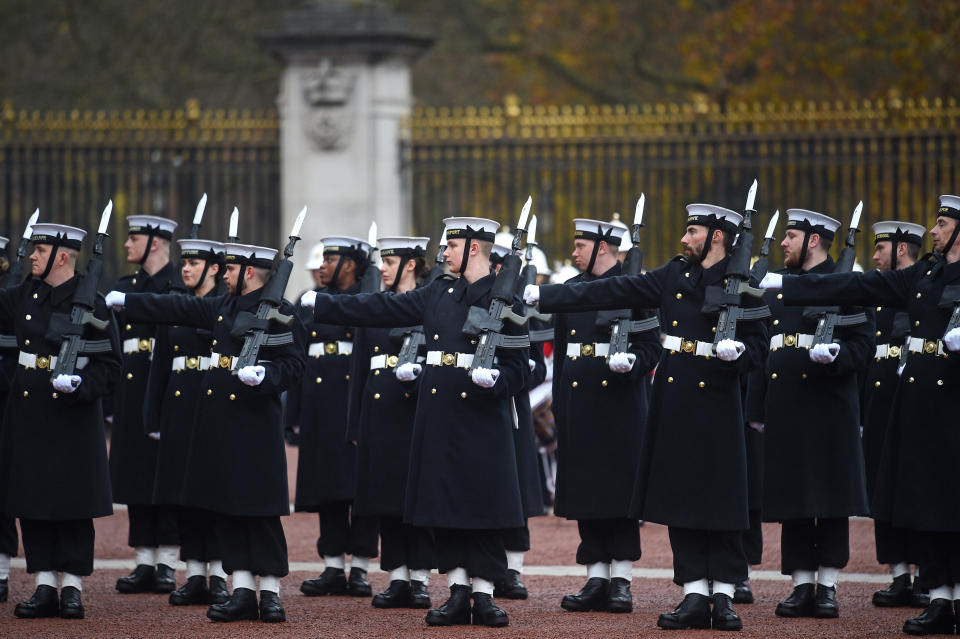 Sailors from the Royal Navy perform the Changing of the Guard ceremony at Buckingham Palace, London, for the second time in its 357-year history. (Photo by Kirsty O'Connor/PA Images via Getty Images)