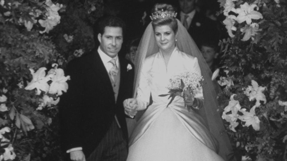 England's Viscount Linley and bride Serena Stanhope walking through a flowered arch after taking their wedding vows at St. Margaret's Church, Parliament Square.  (Photo by Ken Goff/The LIFE Images Collection via Getty Images/Getty Images)