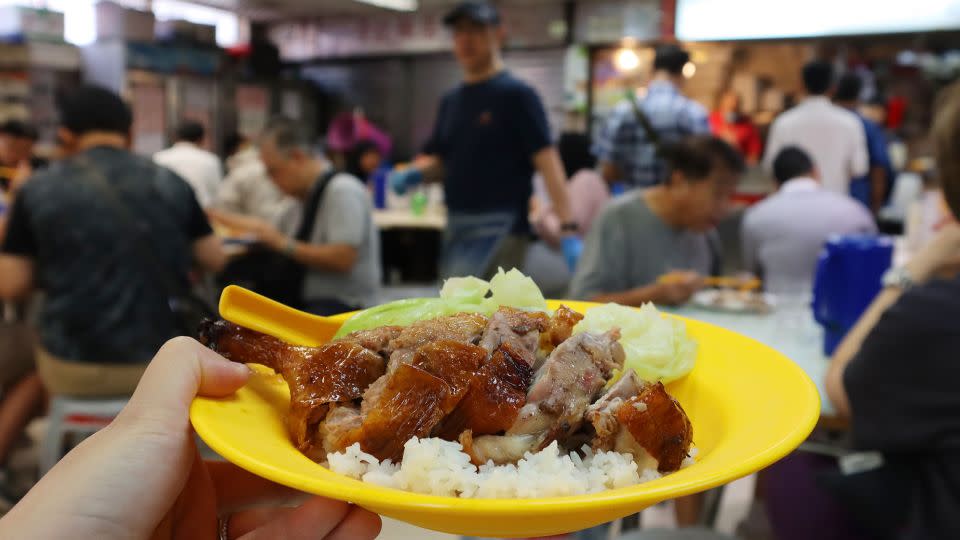 Bowrington Market is one of the oldest cooked food centers in Hong Kong. Halal roast duck leg from Wai Kee, pictured, is a signature market dish. - Maggie Wong/CNN