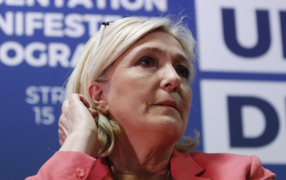 Far-right leader of the National Rally party Marine Le Pen, attends a media conference for the upcoming European elections next month in Strasbourg, eastern France, Monday, April 15, 2019. (AP Photo/Jean-Francois Badias)