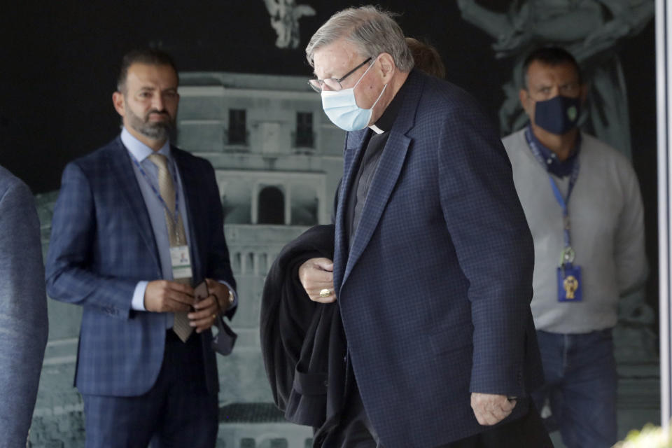 Australian Cardinal George Pell arrives at Rome's international airport in Fiumicino, Wednesday, Sept. 30, 2020. Pell took a leave of absence from his job in 2017 to stand trial in his native Australia on historic child sexual abuse charges, for which he was ultimately acquitted. (AP Photo/Andrew Medichini)