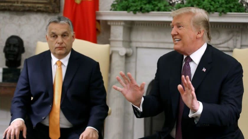 WASHINGTON, DC - MAY 13: U.S. President Donald Trump speaks to the media during a meeting with Hungarian Prime Minister Viktor Orban, in the Oval Office on May 13, 2019 in Washington, DC. President Trump took questions on trade with China, Iran and other topics. (Photo by Mark Wilson/Getty Images) ** OUTS - ELSENT, FPG, CM - OUTS * NM, PH, VA if sourced by CT, LA or MoD **