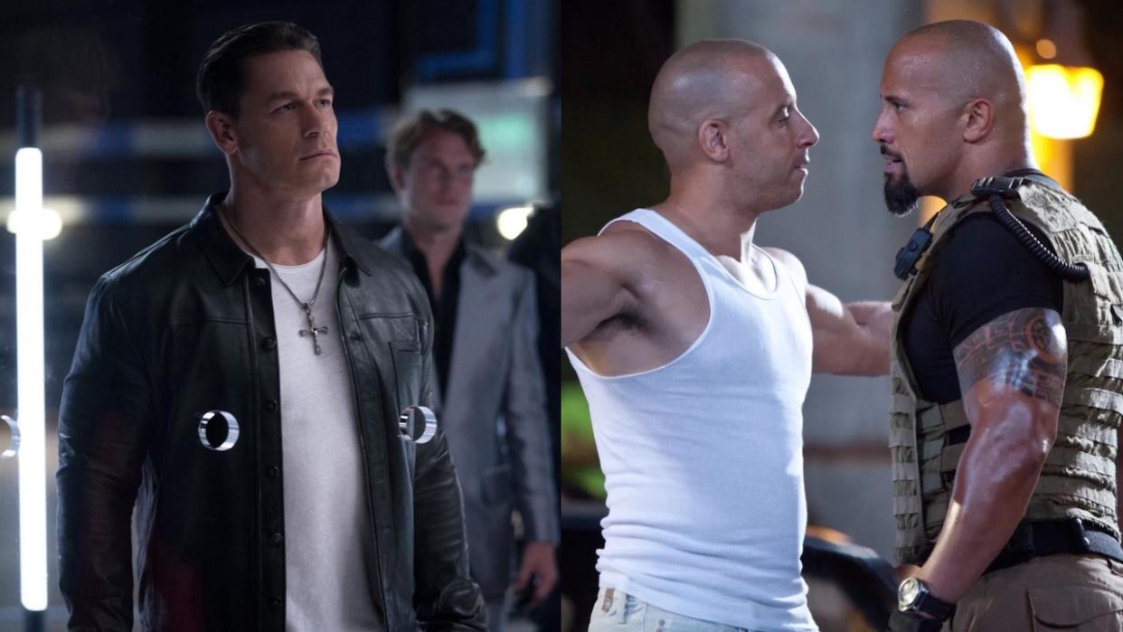  John Cena in F9, Vin Diesel and Dwayne Johnson in Fast Five. 