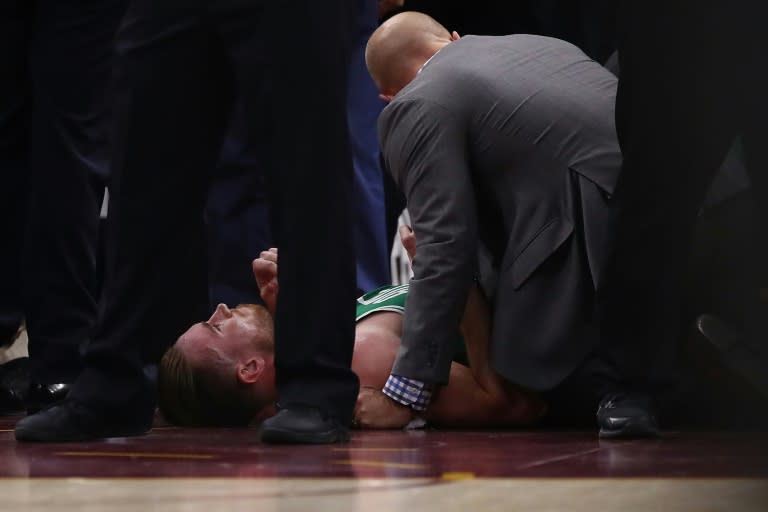 Gordon Hayward of the Boston Celtics suffered a broken ankle while playing the Cleveland Cavaliers, at Quicken Loans Arena in Cleveland, Ohio, on October 17, 2017