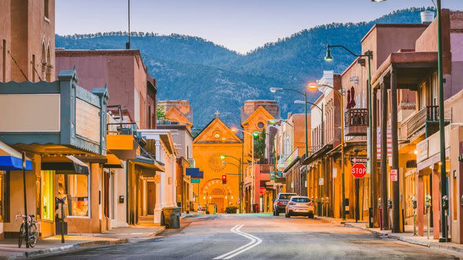 Santa Fe, New Mexico, USA downtown cityscape and street at twilight.