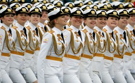 Moscow - Russia - 09/05/2017 - Russian servicewomen march during the parade marking the World War II anniversary in Moscow. REUTERS/Sergei Karpukhin