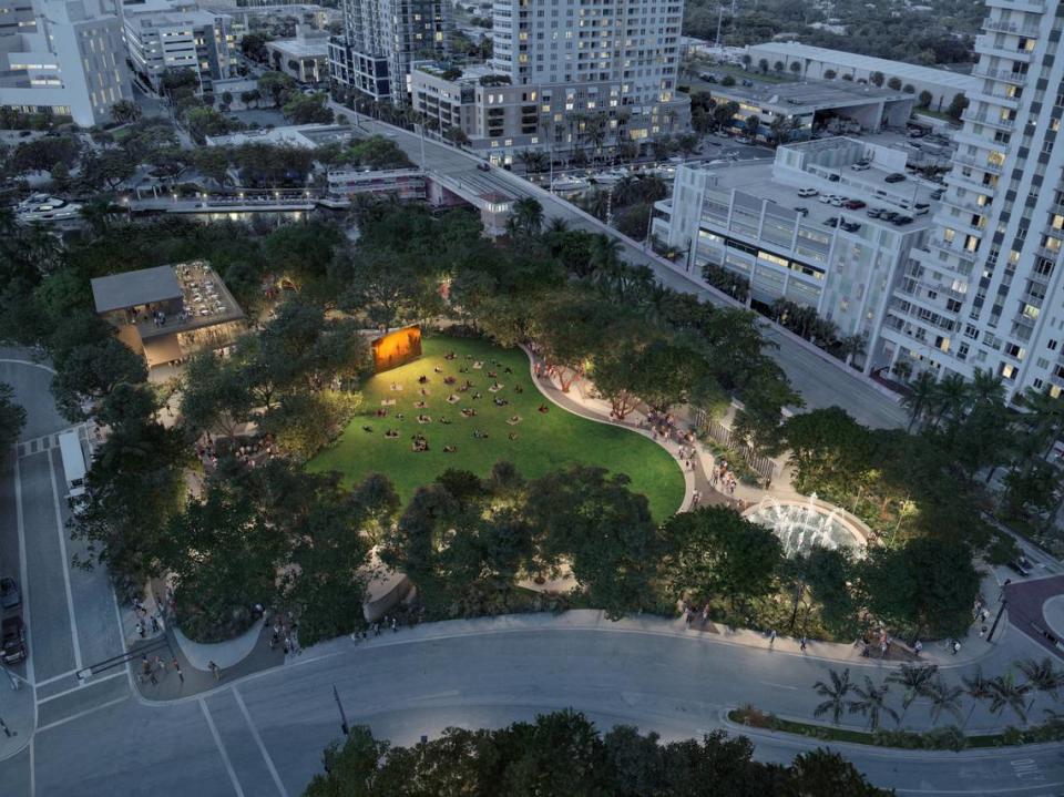 La Autoridad de Desarrollo del Centro de Fort Lauderdale lidera los esfuerzos para revitalizar Huizenga Park, situado frente al río, con un presupuesto de $15 millones. Arriba: Representación aérea del proyecto terminado.