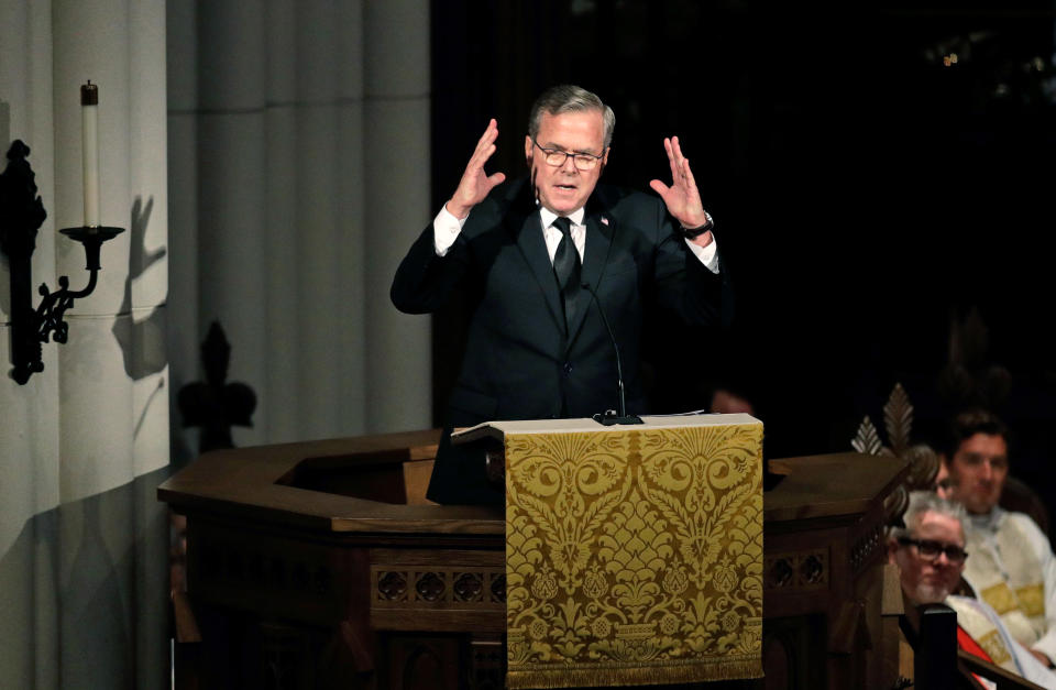 <p>Former Florida Governor Jeb Bush speaks during a funeral service for his mother, former first lady Barbara Bush at St. Martin’s Episcopal Church, April 21, 2018 in Houston, Texas. (Photo: David J. Phillip-Pool/Getty Images) </p>