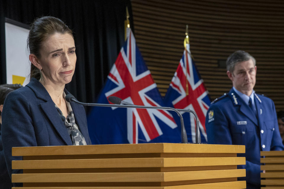 New Zealand Prime Minister Jacinda Ardern and Police Commissioner Andrew Coster answer questions during a press conference following the Auckland supermarket terror attack at parliament in Wellington, New Zealand, Saturday, Sept. 4, 2021. New Zealand authorities say they shot and killed a violent extremist, Friday, Sept. 3, after he entered a supermarket and stabbed and injured six shoppers. Ardern described Friday's incident as a terror attack. (Mark Mitchell/Pool Photo via AP)