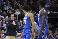 Creighton head coach Greg McDermott reacts during the first half of an NCAA college basketball game against Seton Hall, Wednesday, Feb. 8, 2023, in Newark, N.J. (AP Photo/Mary Altaffer)