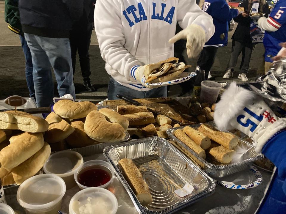 The family of Tommy DeVito tailgates before the Giants' game against the Packers on Monday, Dec. 11, 2023. DeVito's favorite, chicken cutlet sandwiches, are pictured here.