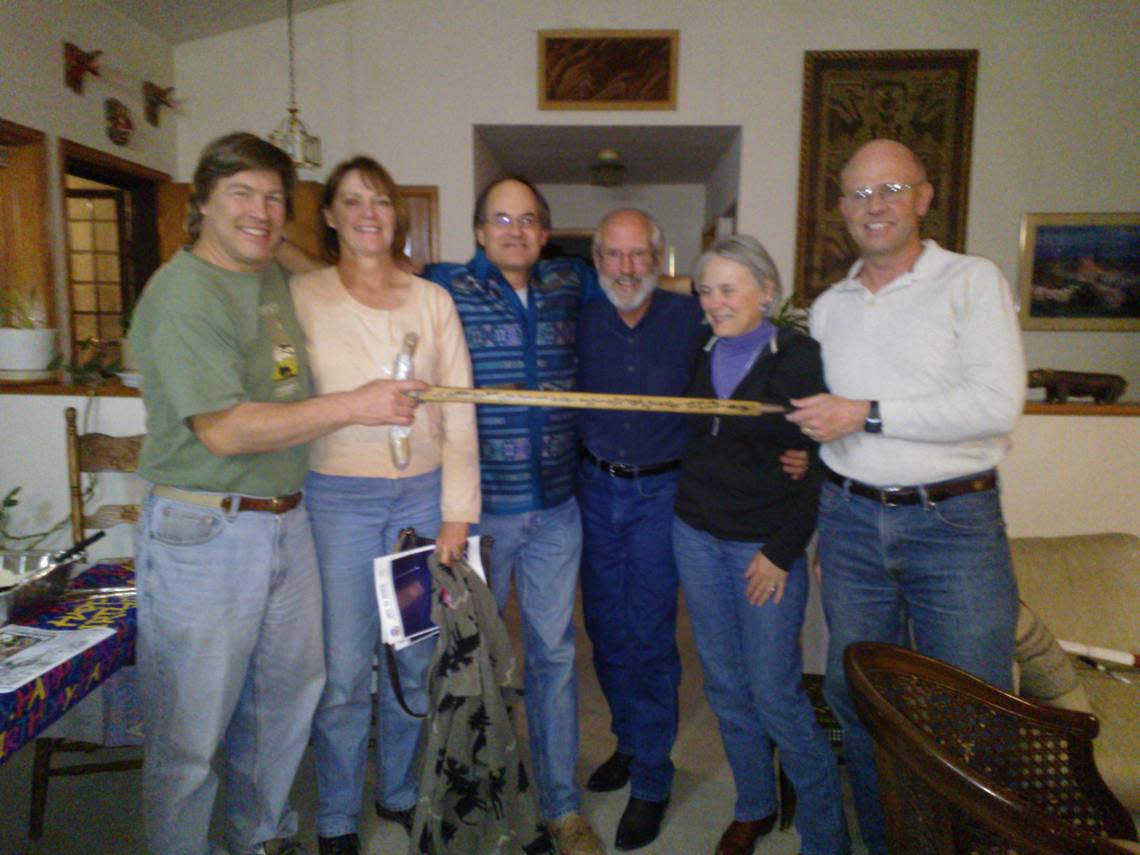 About 40 people have completed all 64 county high points in Colorado. When they do, it’s customary to sign an antique wooden Swiss ice axe. Courtesy of Dave Covill