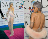 <p><b>When: June 2, 2014 </b> <br> Rihanna set social media on fire when she donned a see-through “naked dress” at the 2014 CFDA Fashion Awards. The sheer Adam Selman gown was reportedly created out of 230,000 Swarovski crystals. Never mind the crystals, did we mention it was completely sheer? <i> (Photo: Getty) </i> </p>