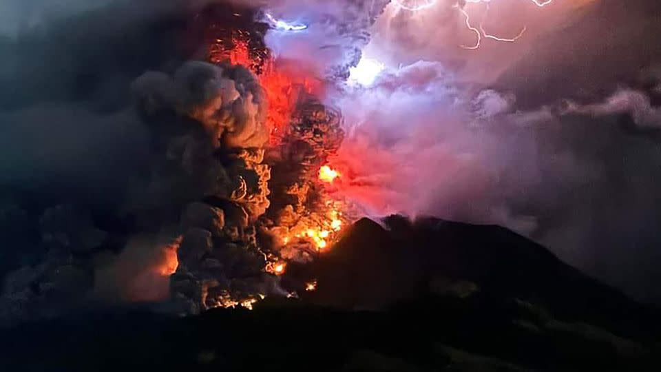 Mount Ruang spewed hot lava and ash columns into the night sky on April 17, 2024, as seen from Sitaro, North Sulawesi. - Center for Volcanology and Geological Hazard Mitigation/AFP/Getty Images