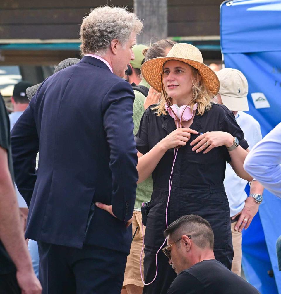 <p>In between takes, Ferrell was spotted chatting with <a href="https://people.com/movies/greta-gerwig-directing-barbie-movie-margot-robbie/" rel="nofollow noopener" target="_blank" data-ylk="slk:director Greta Gerwig;elm:context_link;itc:0;sec:content-canvas" class="link ">director Greta Gerwig</a>, who sported headphones in — what else? — Barbie pink.</p>