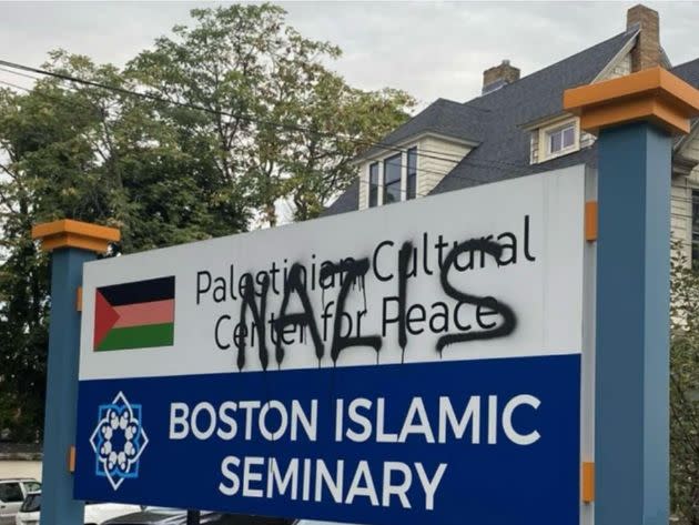 A sign for the Islamic Seminary of Boston and the Palestinian Cultural Center for Peace was vandalized with the word 