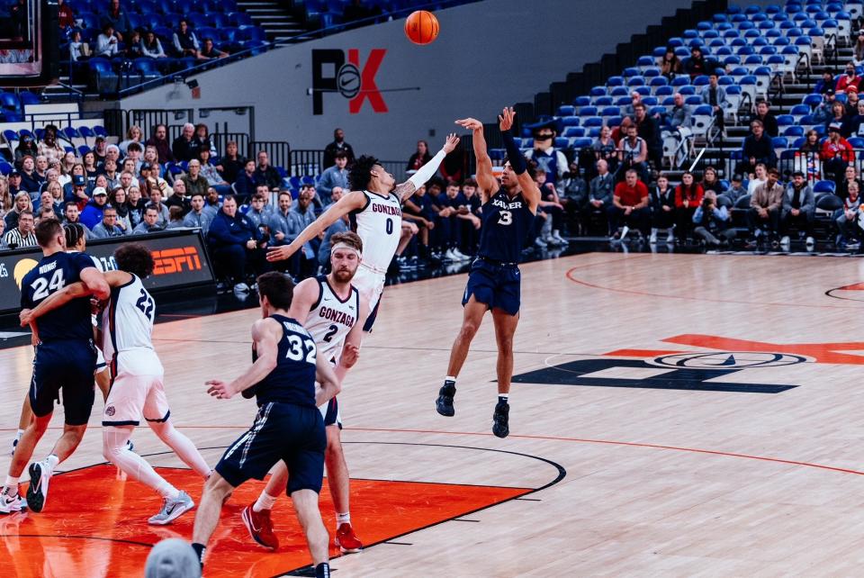 Xavier guard Colby Jones attempts a shot against Gonzaga on Sunday, Nov. 27, 2022, during the third-place game of the Phil Knight Legacy at the Veterans Memorial Coliseum in Portland, Oregon.