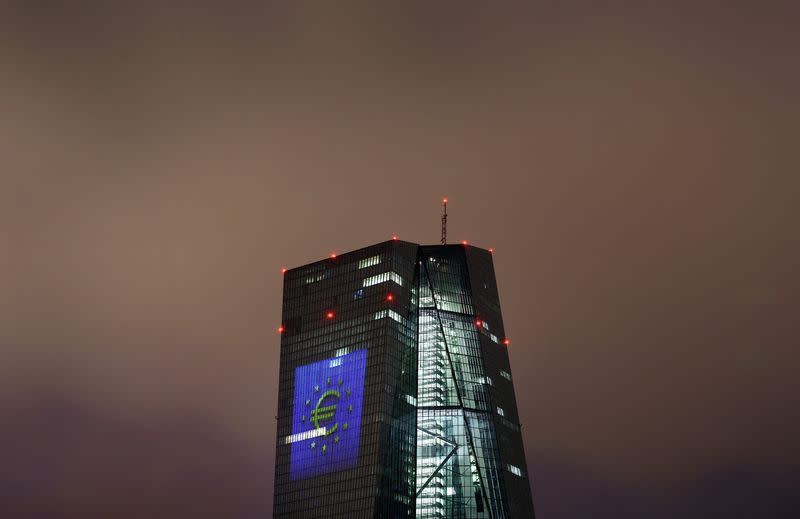 Sun sets over the skyline and ECB headquarters in Frankfurt