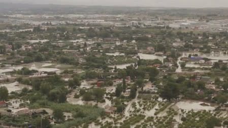 A still image taken from a drone footage shows a flooded area after heavy rainfall in Lorqui