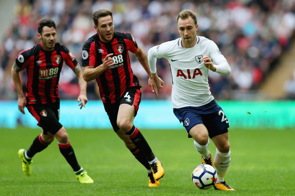 Dan Gosling struggles to keep up with Christian Eriksen. This was a running theme throughout the match…