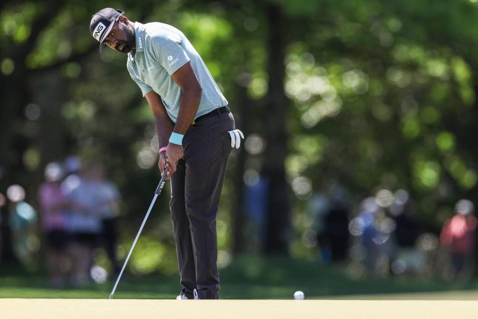 Sahith Theegala watches his putt at the ninth hole on Thursday, May 4, 2023 during the first round of the Wells Fargo Championship at Quail Hollow Club.