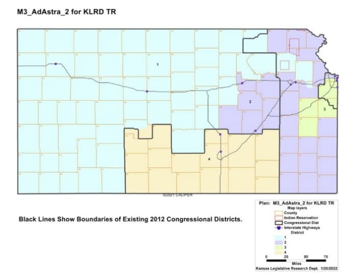 This image shows the January “Ad Astra 2” congressional redistricting plan for Kansas drafted by the Kansas Legislative Research Department for Republican leaders in the GOP-controlled legislature, a congressional map that would likely make it harder for the only Democrat in the state’s delegation to win reelection this year. (AP via Kansas Legislative Research Department)