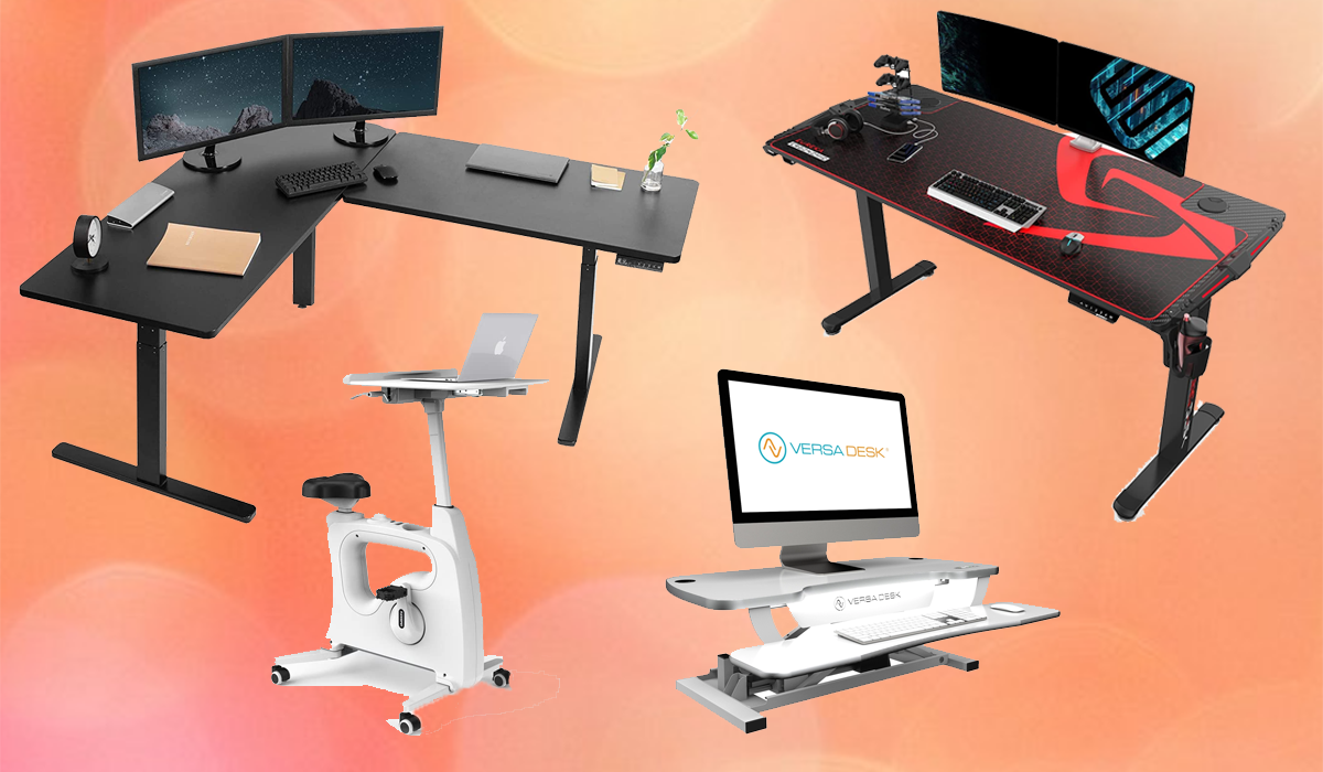 Three different standing desk models and one bike desk.