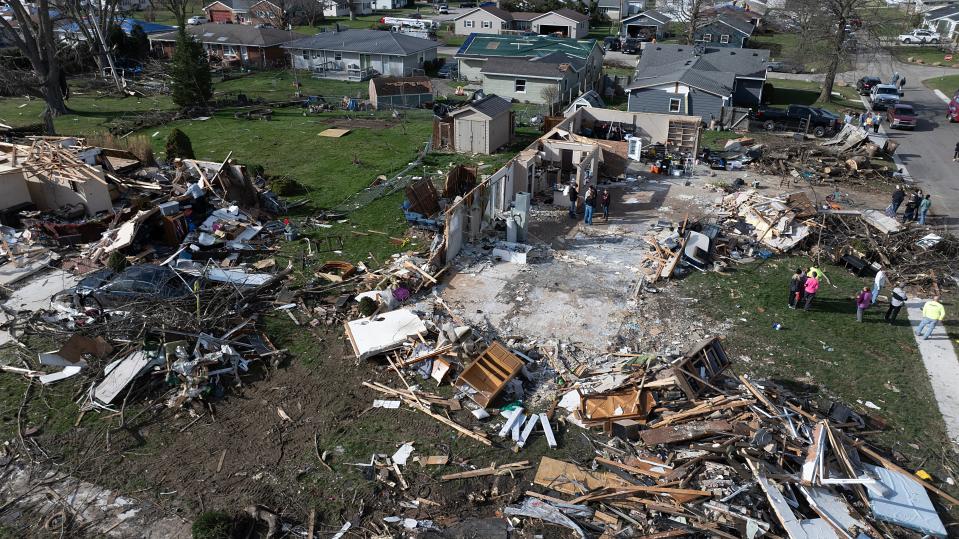 WINCHESTER, INDIANA - MARCH 15: An aerial view shows homes destroyed by a tornado on March 15, 2024 in Winchester, Indiana. At least three people have been reported killed after a series of tornadoes ripped through the midwest yesterday. (Photo by Scott Olson/Getty Images) ORG XMIT: 776121298 ORIG FILE ID: 2087368014