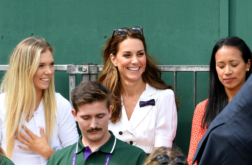 LONDON, ENGLAND - JULY 02: Catherine, Duchess of Cambridge and British tennis player Katie Boulter attend Day two of The Championships - Wimbledon 2019 at All England Lawn Tennis and Croquet Club on July 02, 2019 in London, England. (Photo by Mike Hewitt/Getty Images)
