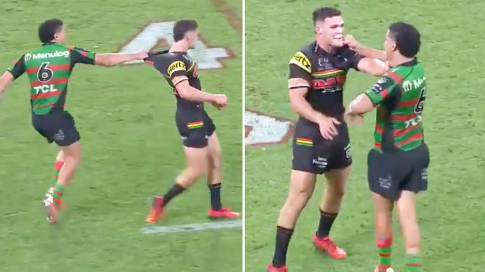 Pictured here, rivals Nathan Cleary and Cody Walker get in a scuffle during the NRL grand final.