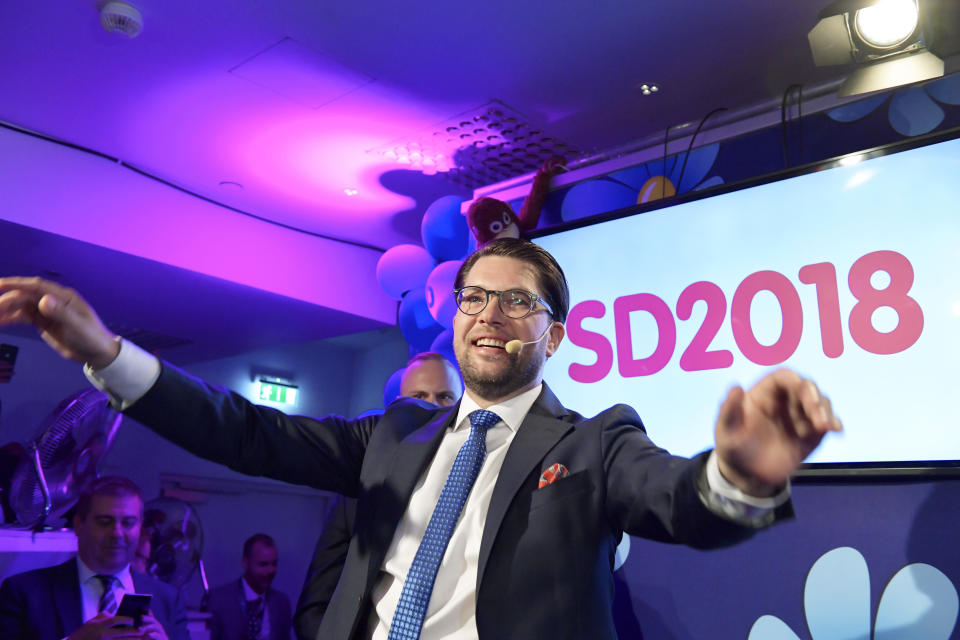 Sweden Democrats party leader Jimmie Åkesson speaks at the election party in Stockholm, Sweden, Sunday, Sept. 9, 2018. Returns reported by the Scandinavian country's election commission showed the Sweden Democrats placing third in the parliamentary election held Sunday. Addressing supporters after more than four-fifths of ballots were counted, Akesson said the victory was in the number of seats the party gained in the national assembly, the Riksdagen.(Anders Wiklund /TT via AP)