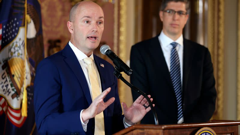 Gov. Spencer Cox talks about Texas Instruments’ next 300-mm wafer fab in Lehi during a press conference at the Capitol in Salt Lake City, on Wednesday, Feb. 15, 2023. Cox traveled to the school to sign eight different bills focused on education.