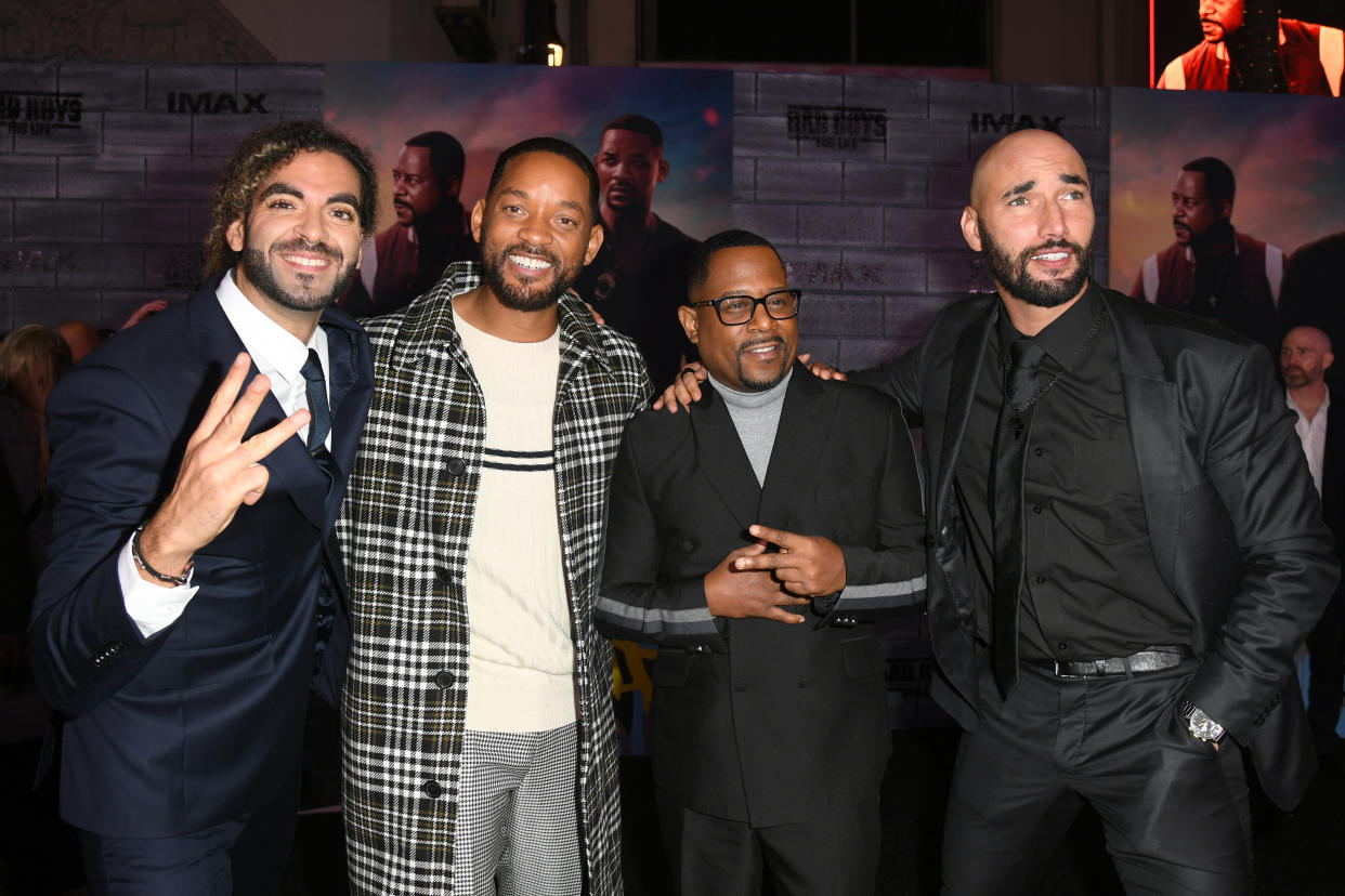 HOLLYWOOD, CALIFORNIA - JANUARY 14: (L-R) Adil El Arbi, Will Smith, Martin Lawrence, and Bilall Fallah attend the premiere of Columbia Pictures' 
