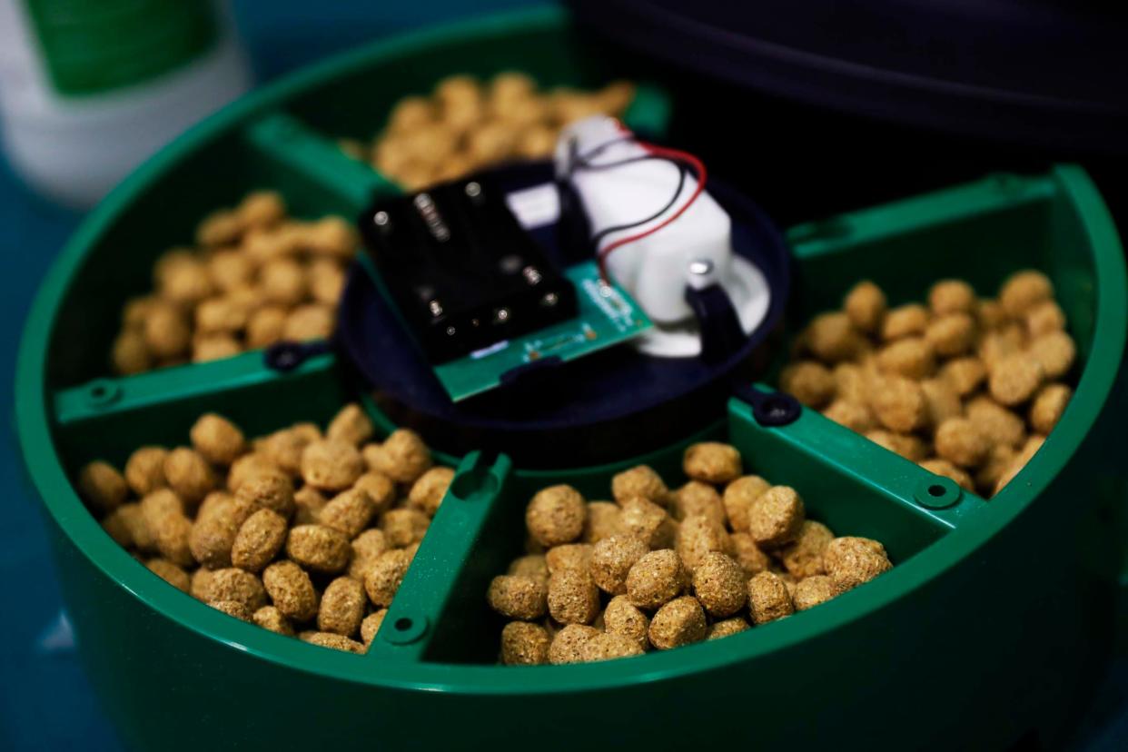 The inside of the LymeShield, including pellets, is displayed during Tennessee Secretary of State Tre Hargett's visit to the US Biologic's production center at the Agricenter in Memphis on Dec. 4.